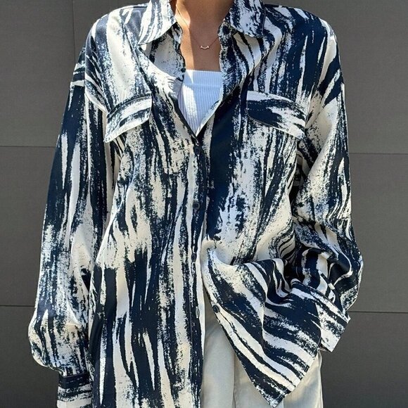 Royal Blue Casual Women's Random Print Loose Long Sleeve Shirt - Picture 8 of 8